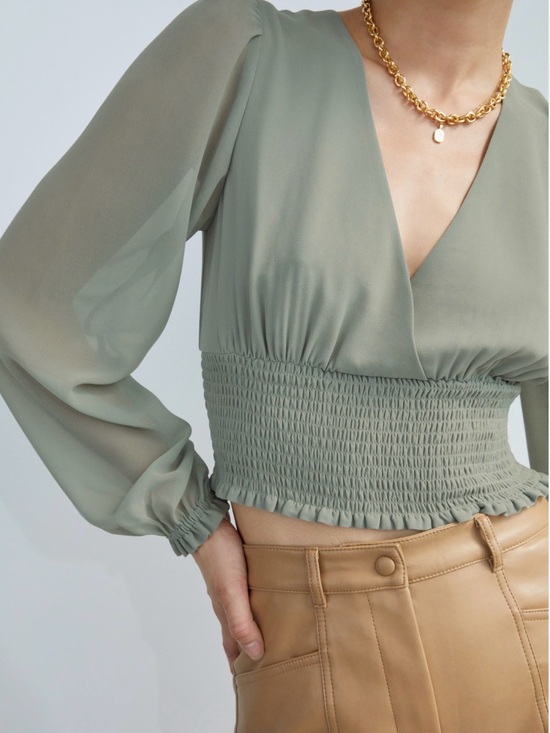 Aritzia Tops - Aritzia Wistful Sage Green Smocked-Waist V-Neck Blouse